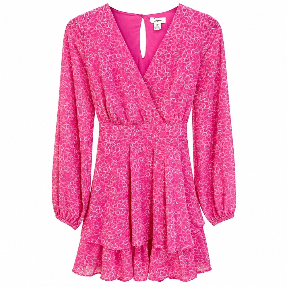 Japna Pink Floral Long Sleeve Tiered Ruffle Mini Dress Surplice V-Neck Medium